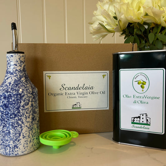 Gift Box with Large Ceramic Bottle, 1 Litre of Olive Oil & Silicone Funnel