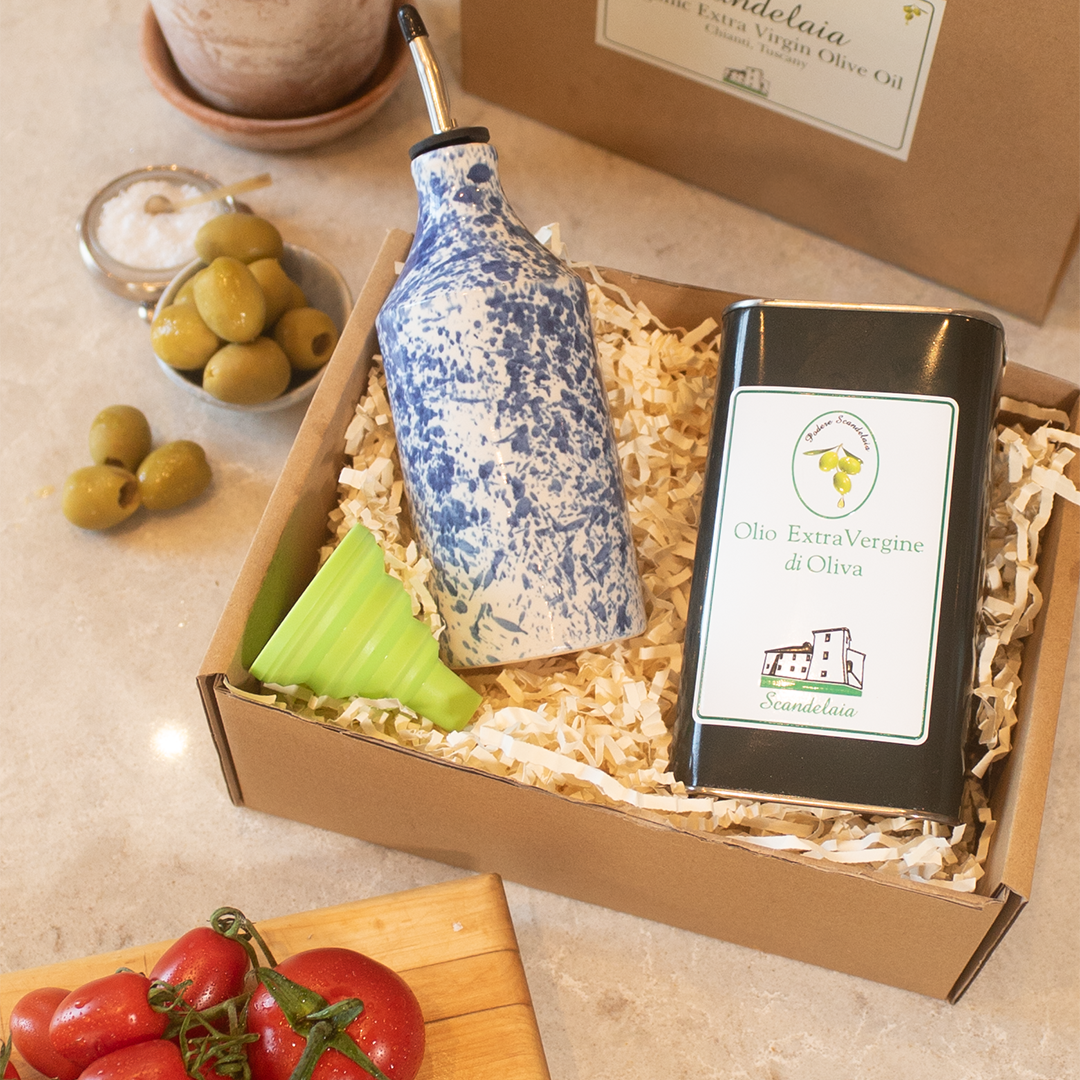 Gift Box with Large Ceramic Bottle, 1 Litre of Olive Oil & Silicone Funnel