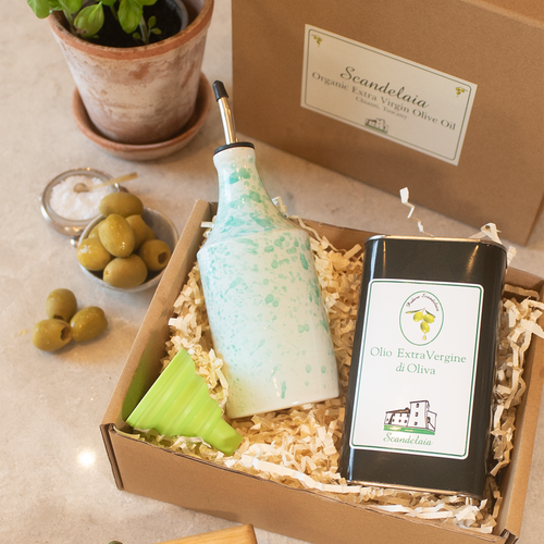 Gift Box with Large Ceramic Bottle, 1 Litre of Olive Oil & Silicone Funnel