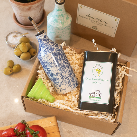 Gift Box with Large Ceramic Bottle, 1 Litre of Olive Oil & Silicone Funnel